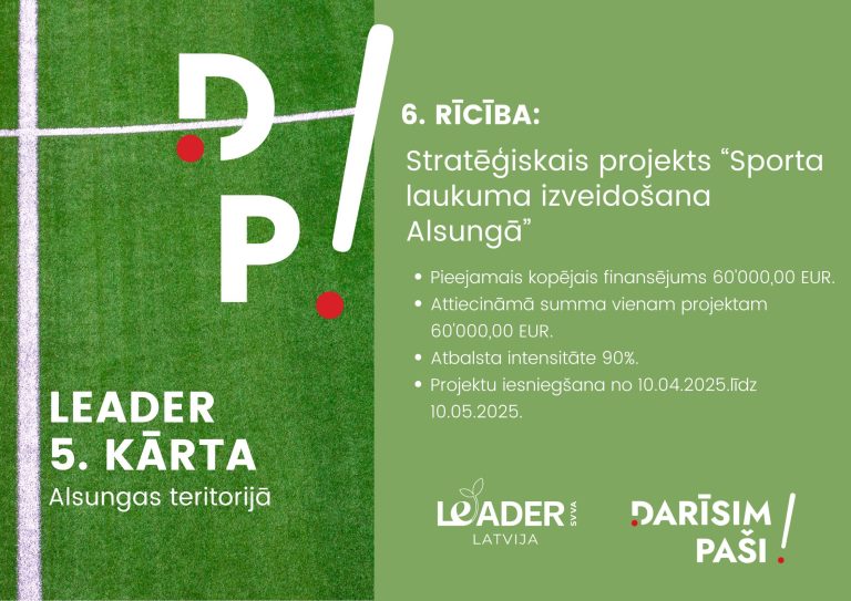 Biedrība „Darīsim paši!” izsludina projektu pieteikumu konkursu 5.kārtu (R6 – Stratēģiskais projekts “Sporta laukuma izveidošana Alsungā”)